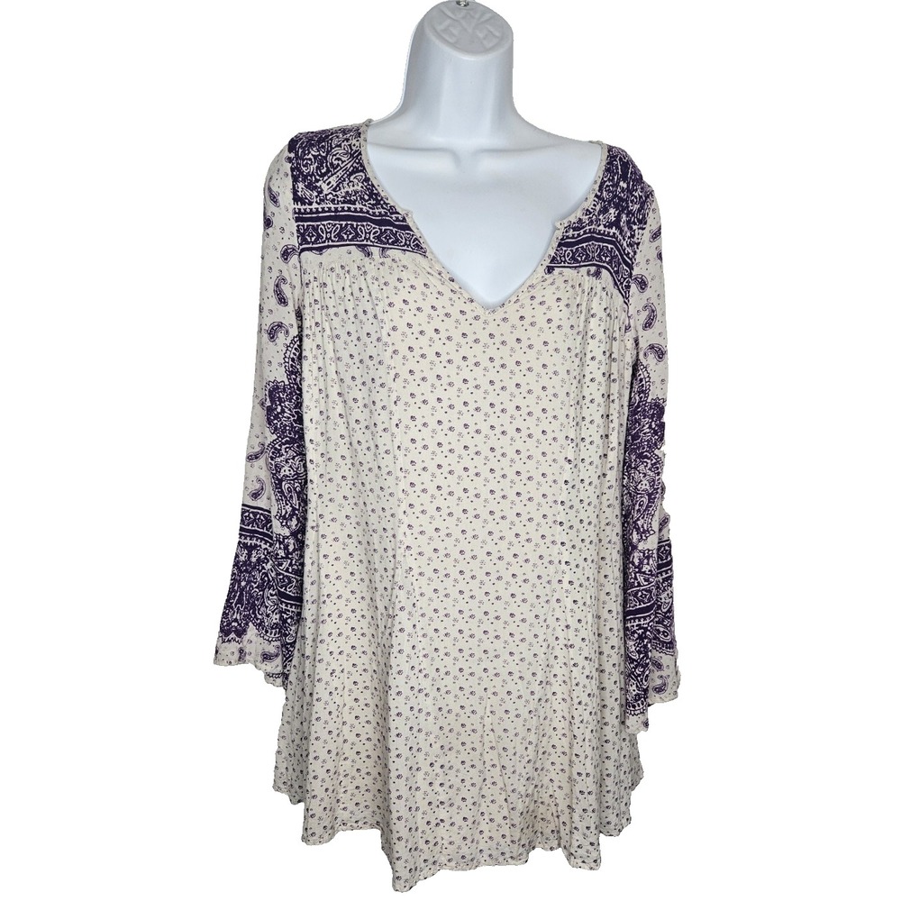 Free People XS Floral Boho Tunic Dress | Cream Purple Paisley Bell Sleeve